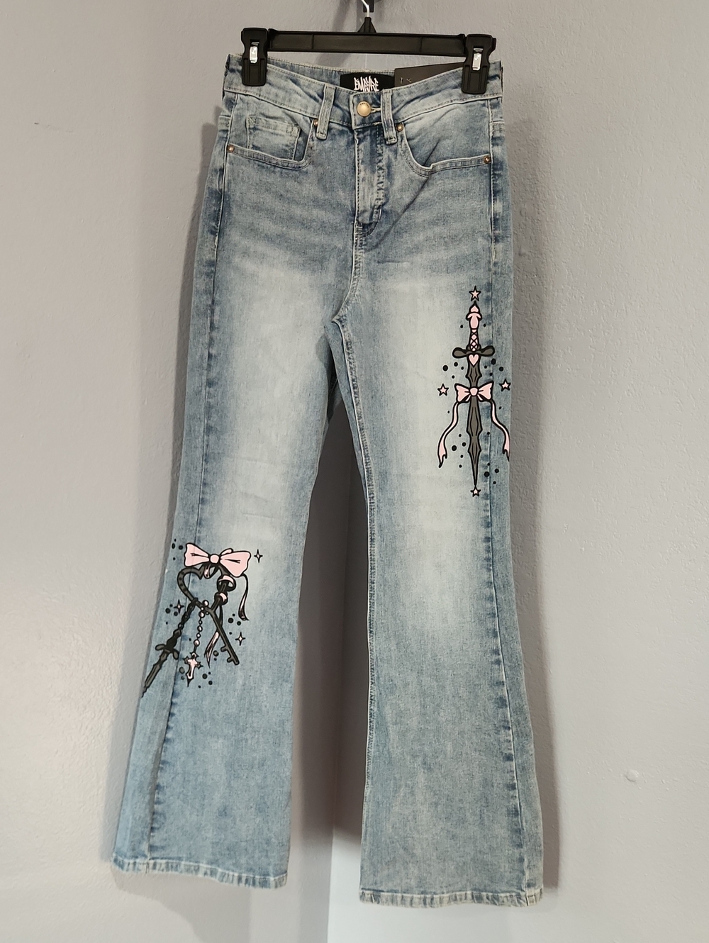 Empyre Light Wash Flare Jeans with Pink Bow & Dagger Art